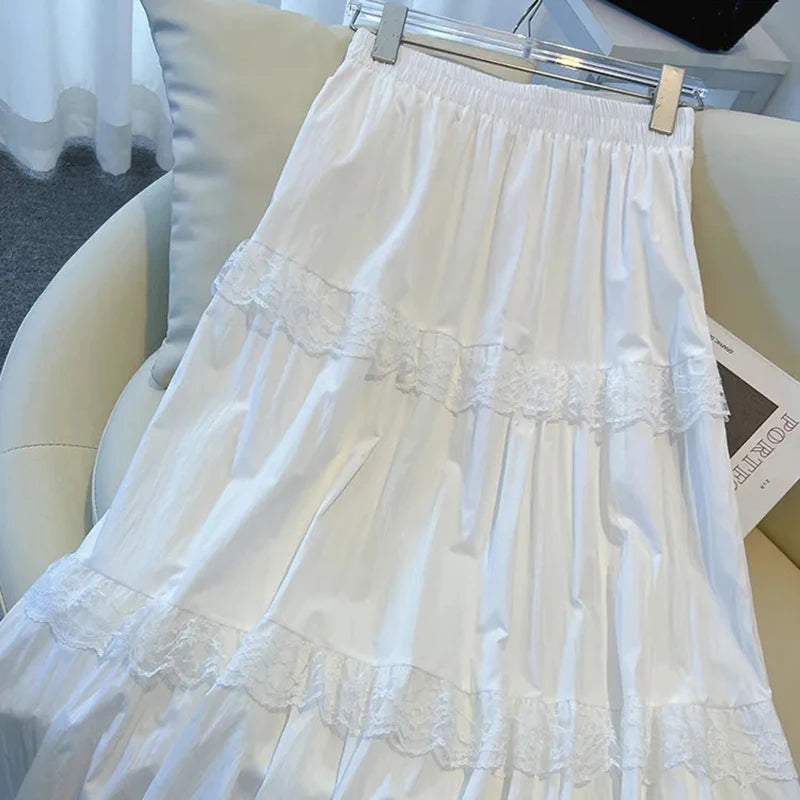 Hnewly Lace Patchwork White Midi Skirts for Women Y2K Loose Elastic High Waist Female Ruffles A Line Skirts Korean Elegant Skirt Mujer