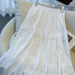 Hnewly Lace Patchwork White Midi Skirts for Women Y2K Loose Elastic High Waist Female Ruffles A Line Skirts Korean Elegant Skirt Mujer