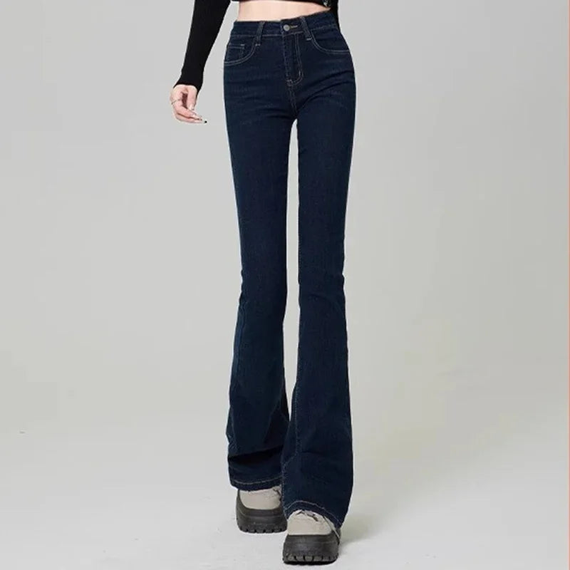 Hnewly Women Vintage High Street Bell Bottom Jeans Lady Sexy Slim Fit Denim Flare Pants Deep Blue Light Blue Black Blue Gray Trousers