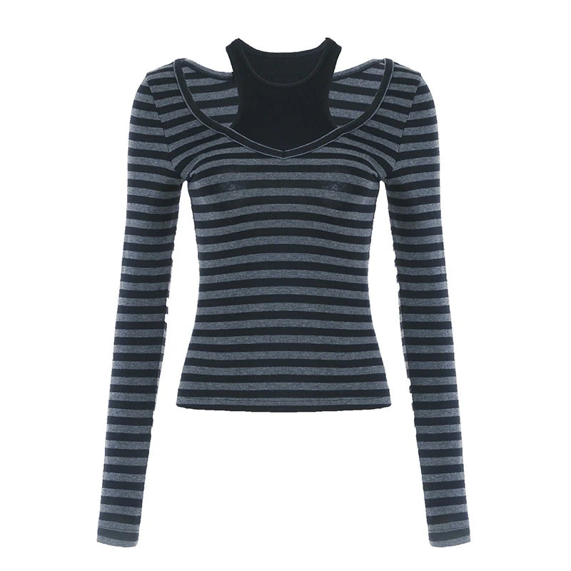 Hnewly y2k Gothic Tops Women Grunge Clothes Casual Striped Patchwork Round Neck Long Sleeve T Shirts 2000s Clothing Streetwear