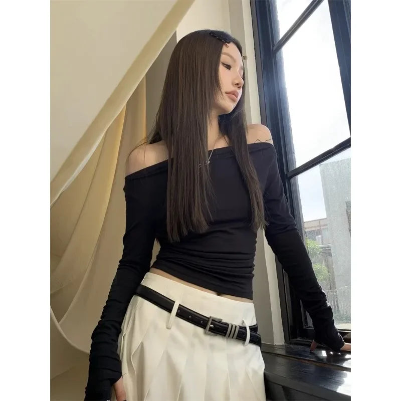 Hnewly FALL OUTFIT 2024 Autumn for Women Crop Tops Vintage Korean Retro High Street Off Shoulder Folds T-Shirt Streetwear Tee Shirt