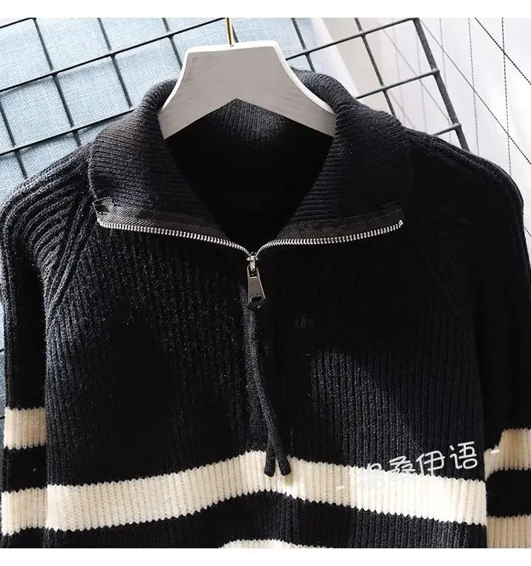 Hnewly  Half Zipper Stripe Pullover Sweater  Women Loose Knitted Base Shirt  2025 Spring /Autumn Japanese Style Long Sleeve Pullover Top