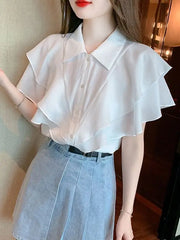 Hnewly  Chiffon Lantern Sleeve Shirts Women Loose Fit Lightweight Ruffled Hem Perfect for Beach Picnics or Romantic Candlelight Dinners
