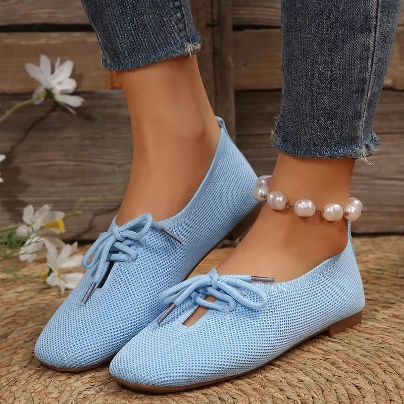 Hnewly Autumn Mesh Breathable Women's Flat Shoes Solid Simple Ballet Flats Female Casual Lace-up Walking Shoes for Women
