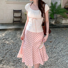 Hnewly  Summer Elegant Polka Dot Midi Skirt Short Sleeve T-Shirt Set Women's Fashion Design Sense White Cotton Blend Casual Outfit