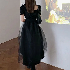 Hnewly  harajuku black tulle puff sleeves dress woman french slim fit square collar asymmetrical dresses female summer party belt dress