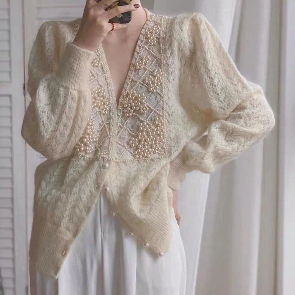 Hnewly  Women Luxury Pearls Beaded Mohair Sweater V-neck Hollow Out Thin Loose Knitted Cardigan Korean Elegant Long Sleeved Spring Top