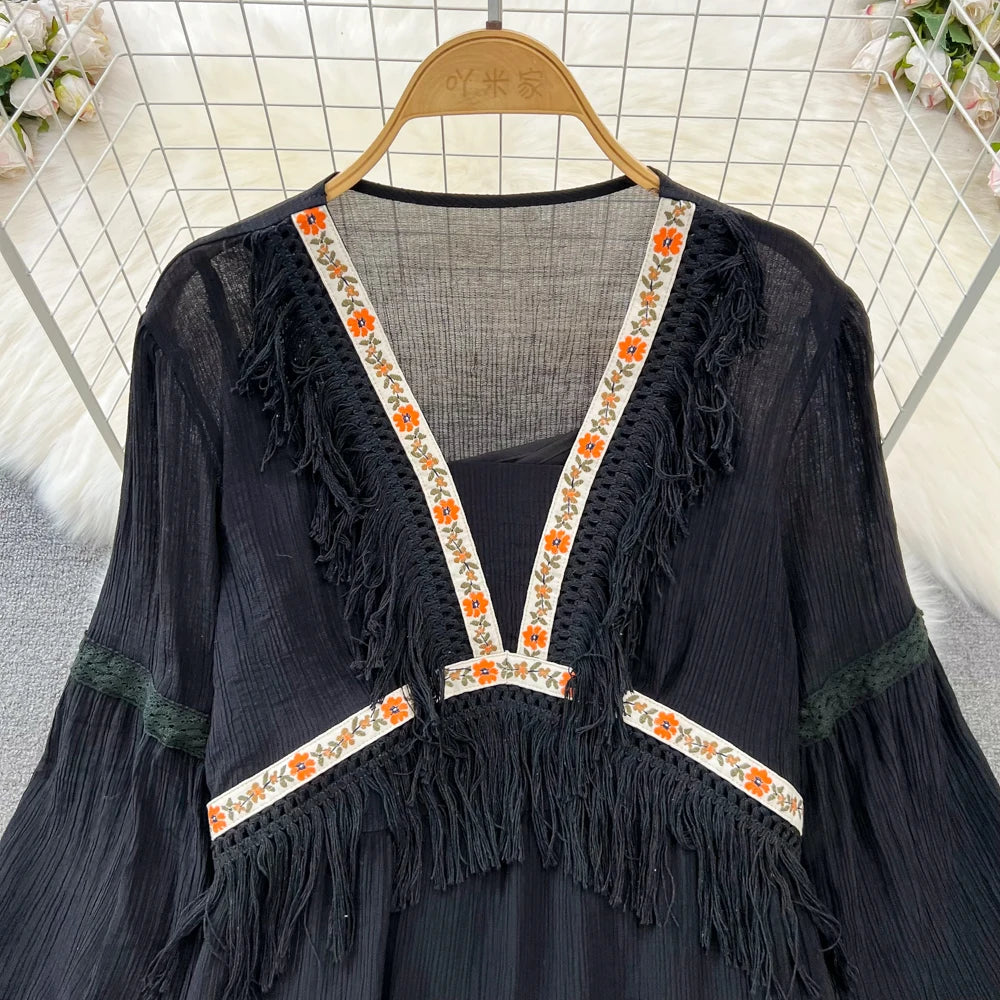 Hnewly  Tassel Patchwork V-neck Vacation Dress Sweet Lantern Sleeves Loose Mid Length A-line Dresses Elegant Embroidery Beach Vestido