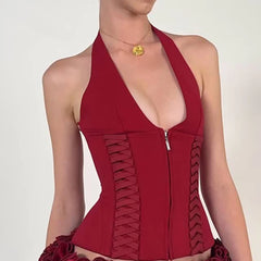 Hnewly Fashion Cross Tie Zipper Slim Women's Vest Sexy Off Shoulder Backless Sleeveless Halter Top Casual Summer Street Camis