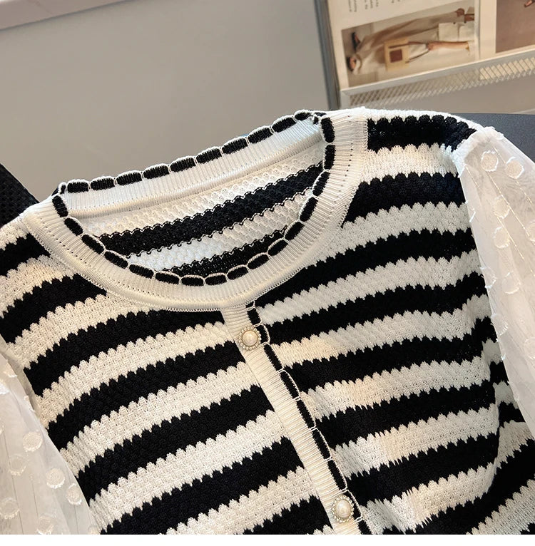 Hnewly  Striped knitted Sweater For Women's Spring Autumn French Elegant Round Neck Long Sleeved Patchwork Chiffon Loose All-Matched Top