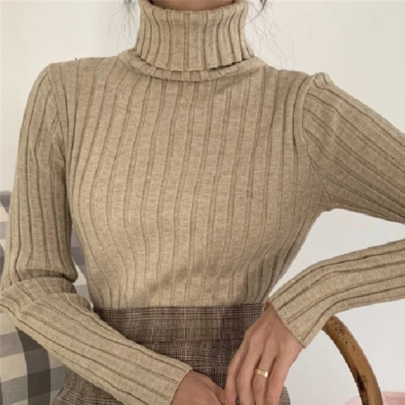 Hnewly Ribbed Sweater Women Clothes Solid Color Turtleneck Lettuce Trim Long Sleeve Pullover Winter Fall Clothing Streetwear