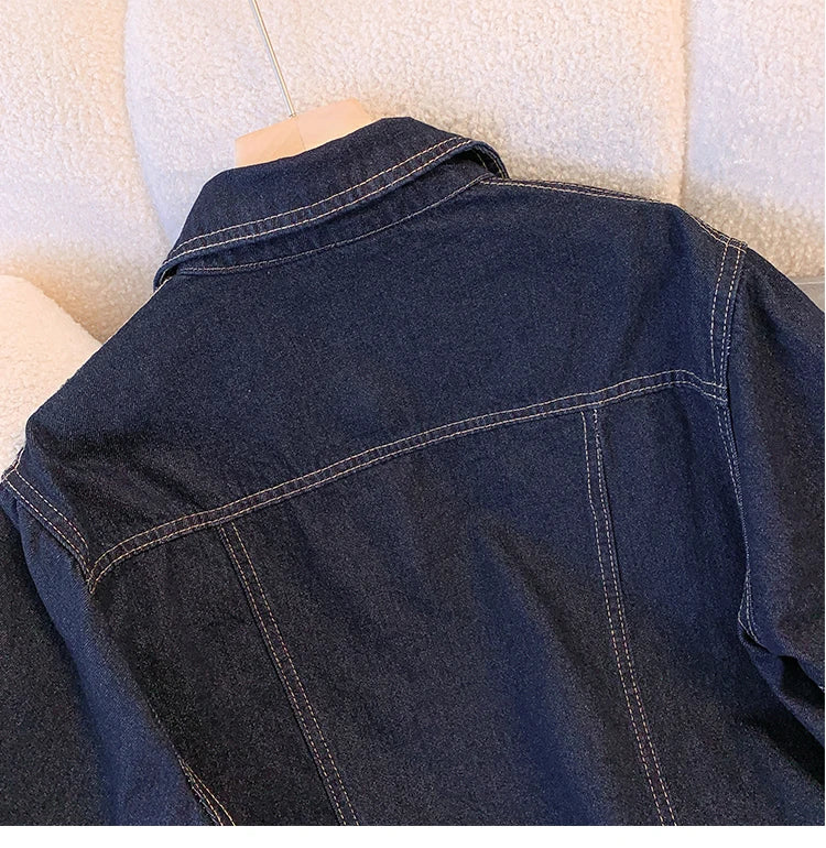 Hnewly  Deep Blue Short Sleeve Denim Jacket For Women Spring/Summer Lapel  Single Breasted Korean Loose All-Match Short Casual Top