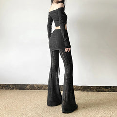 Hnewly  New large size fashion women's sexy hot girl low waist tie hollowed wrinkles broken holes leisure flared pants pants pants