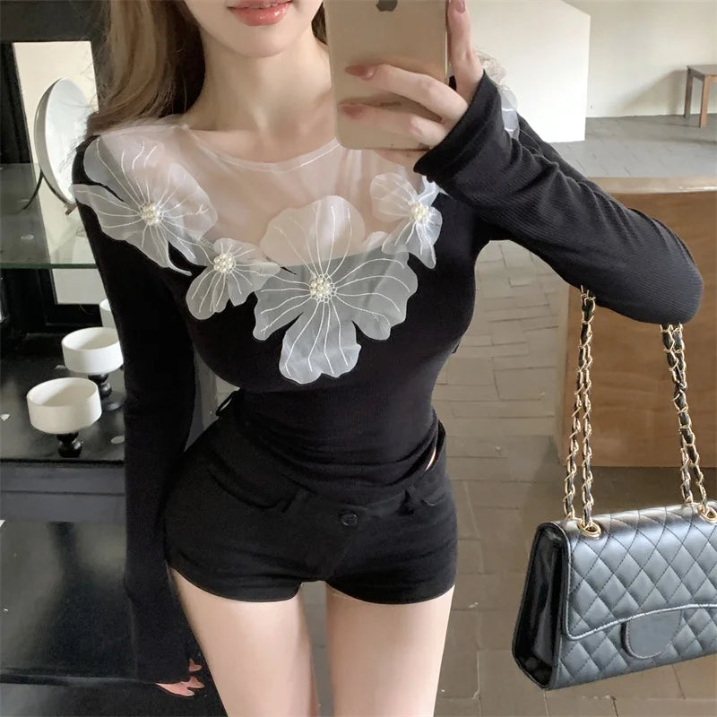 Hnewly y2k Fairycore Top Women Clothes 3D Flower Round Neck Long Sleeve Asymmetrical Hem T Shirt 2000s Clothing Streetwear
