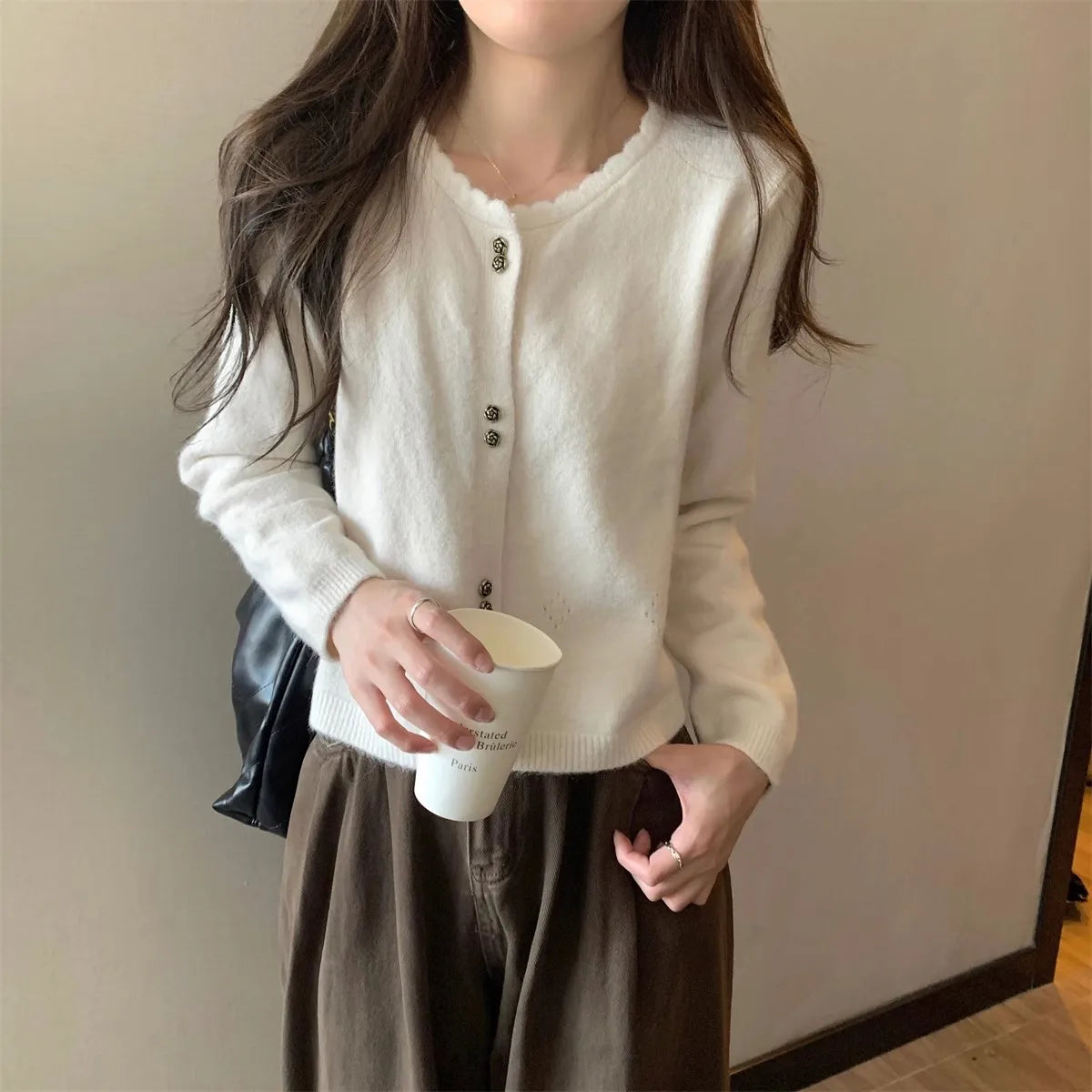 Hnewly  Sweet Short Hollowed Out Sweater Chic Buttons Long Sleeved Knitted  Cardigan Jacket Korean series Round Neck Loose Top