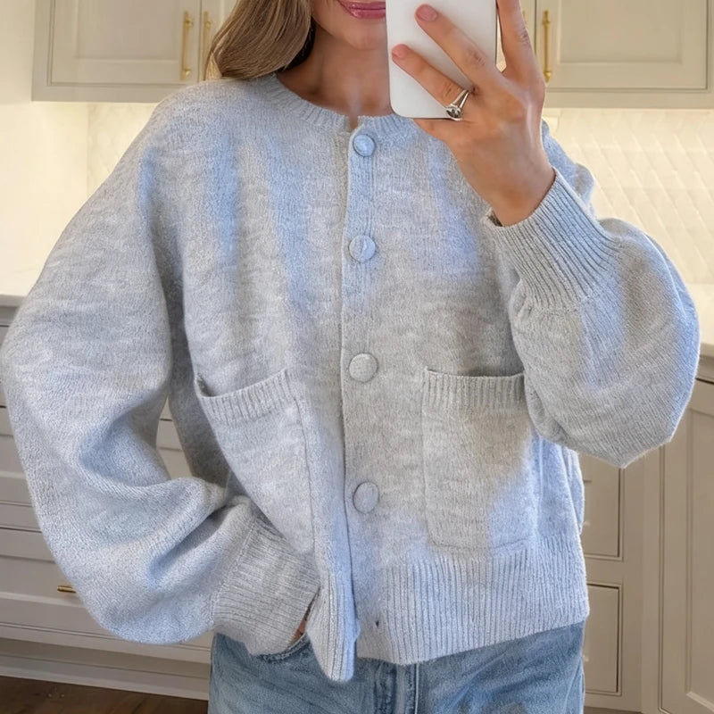 Hnewly  Women Autumn Knit Cardigans with Pockets Casual Button Up O Neck Long Sleeve Knitwear Vintage Loose Fit Sweater Coats Winter