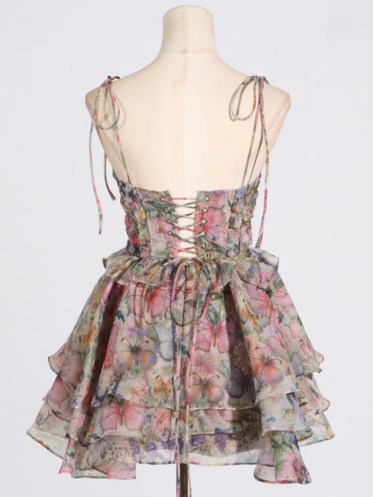 Hnewly Fashion Printed Dress Women's Sleeveless Bow Lace Up Waist Retraction A Line Dresses 2025 Summer New Tide