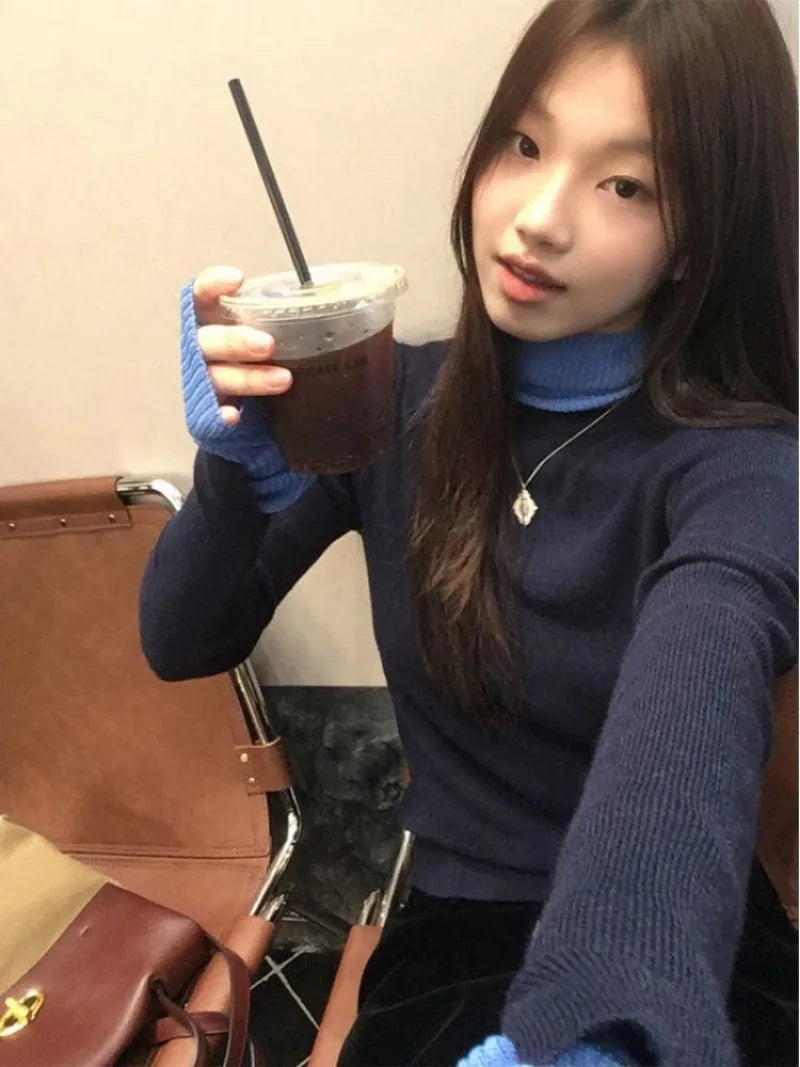 Hnewly Vintage Fake Two Piece Knitted Tops Mujer 2025 Autumn Winter Half-high Collar T-shirt for Women Y2k Slim Fit Long Sleeve Tees