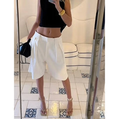 Hnewly  Women's Summer Office Lady Knee Length Suit Pants Button Pleated High Waist Wide Leg Loose Fit Y2k Cropped Trousers
