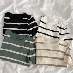 Hnewly  Vintage Stripe Knitted T-Shirt Women's Spring Summer New Fashion All-matched O- Neck Short Sleeve Slim Short Shirt Tops
