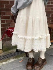 Hnewly  Soft Sle White Lace Splicing Cake Skirt Plu Loose A-Line Long Skirt Women's Autumn Winter New Sle High Waist Inner Line...