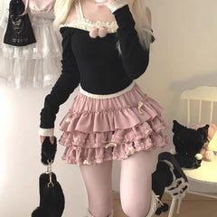 Hnewly  Summer New Versatile Women's Clothing Blue Bow Lace Cake Tutu Mini Skirt Kawaii Pink Sweet Cute Thin A-line Skirts Ladies