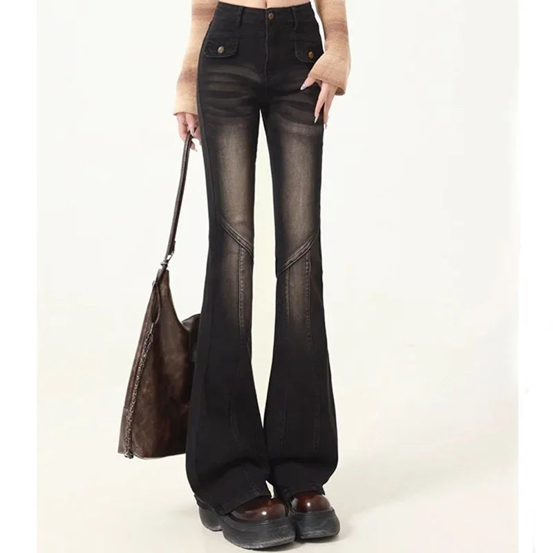 Hnewly Woman High Waist Elastic Spliced Wide Leg Jeans Female Vintage Slim Fit Flare Pants Lady Blue Black Grey Denim Trousers Big Size