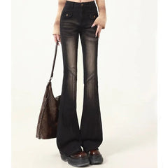 Hnewly Woman High Waist Elastic Spliced Wide Leg Jeans Female Vintage Slim Fit Flare Pants Lady Blue Black Grey Denim Trousers Big Size
