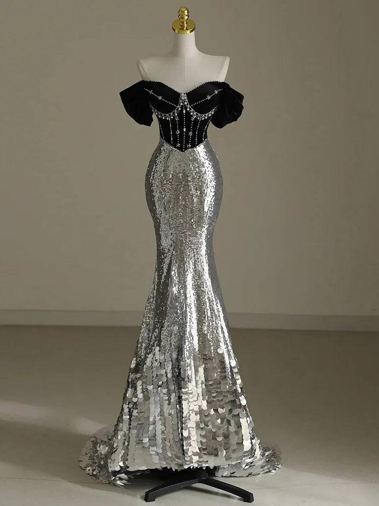 Hnewly  Strapless Slim High Waist Black Silver Mermaid Evening Dress Host Annual Meeting Birthday Coming-of-Age Ceremony Banquet Dress