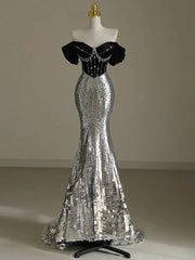 Hnewly  Strapless Slim High Waist Black Silver Mermaid Evening Dress Host Annual Meeting Birthday Coming-of-Age Ceremony Banquet Dress