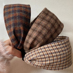 Hnewly  1pc High-Quality Brown Woolen Thickened Fabric Hairband - Orange-Toned Retro Plaid Extra-Wide Style for Autumn & Winter, Hairban