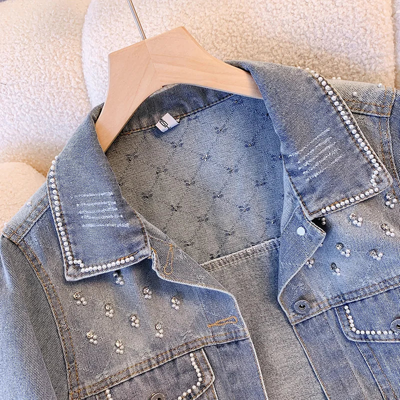 Hnewly  Women Denim Jacket Spring Autumn 2025 New Popular Sweet Luxury Beaded Short Top Loose Long Sleeve Lapel Single Breasted  Coat
