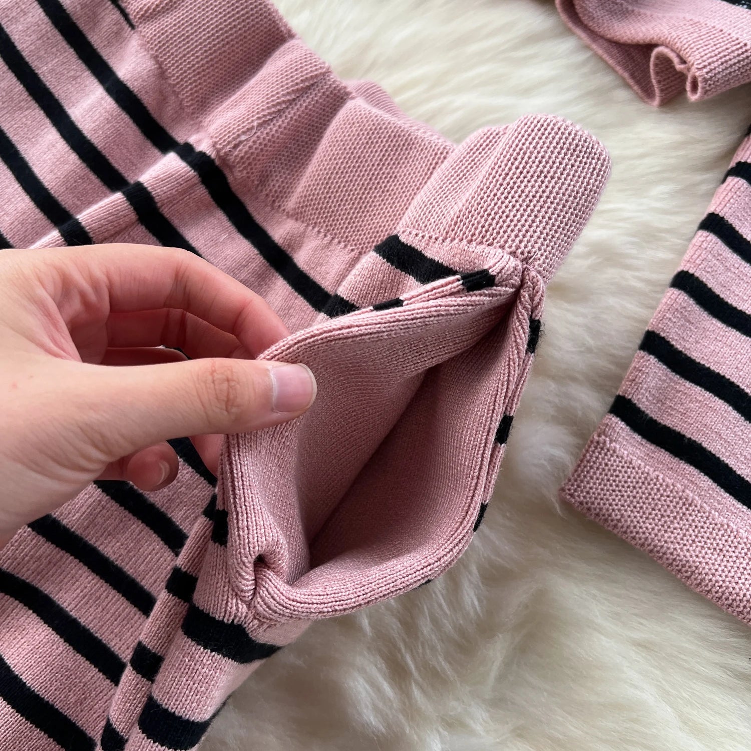 Hnewly  Elegant Knitted Set for Women's High End Versatile Round Neck Striped Knitted Cardigan+High Waist Casual Wide Leg Pants 2PCS