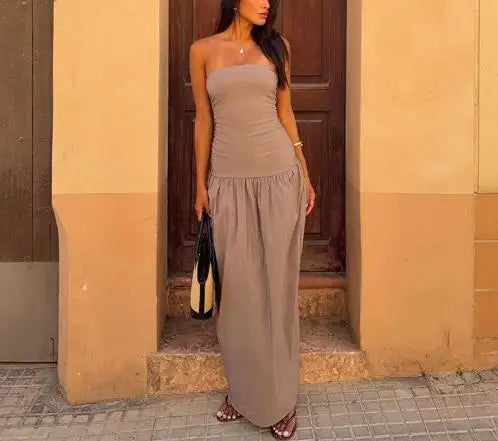 Hnewly  Autumn New  Women's Strapless Sleeveless Slim Bodice and Relaxed Maxi Dress Ruched Waist and Flowy Solid Color Skirt