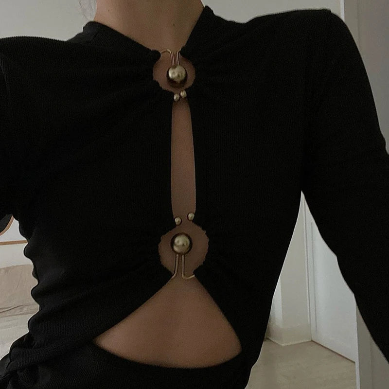 Hnewly Sexy Hollow Out Long Sleeve Bodysuit Metal Ring Connection Fashion Folds Women Bodice Black Bodycon Party Clubwear Top