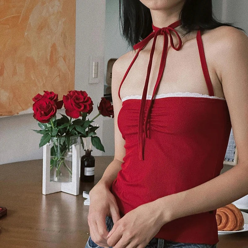 Hnewly Fashion Red Lace Trim Folds Skinny Halter Top Summer Backless Off Shoulder Y2K Holidays Crop Top Sexy Women's Clothes