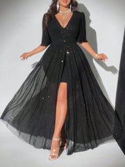 Hnewly  New Plus Size Sexy Deep V-Neck Mesh sequins A-line Hem Stitching Lining Dress Retro Flared Sleeve High Slit Skirt Evening Dress