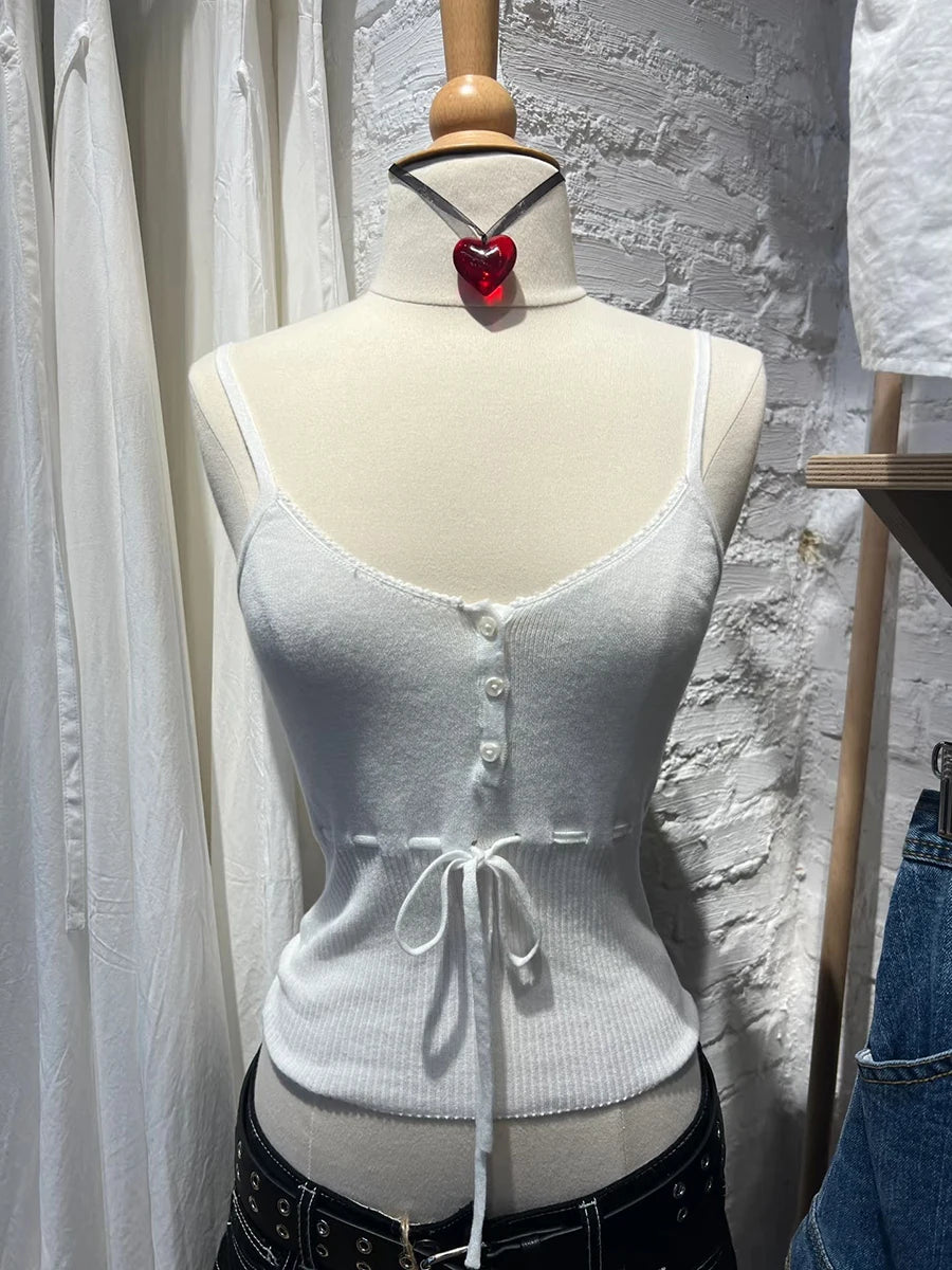 Hnewly  Drawstring Knitted Cropped Tank Top Woman Sleeveless Lace Trim Cotton Thin Vest Summer Sweet Solid Simple Basic Crop Tops Y2k