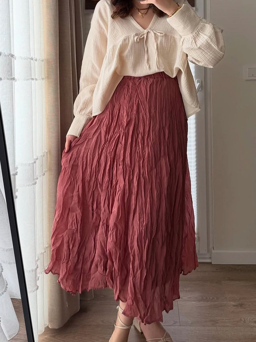 Hnewly   Pleated Midi Skirts for Women Summer Clothes Elastic High Wasit A Line Fashion Skirt Female Vintage Elegant Long Skirt
