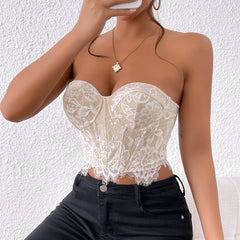 Hnewly Sexy Lace Sleeveless Bare Shoulder Crop Top,Embroidery Floral Tube Top, Strapless Fishbone Corset Backless Camisole Vest