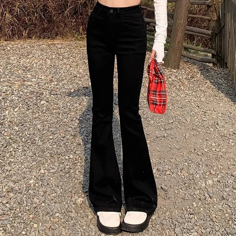 Hnewly Women Vintage High Street Bell Bottom Jeans Lady Sexy Slim Fit Denim Flare Pants Deep Blue Light Blue Black Blue Gray Trousers