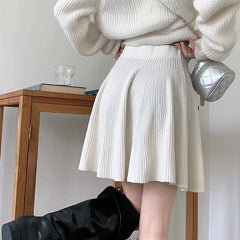 Hnewly  Autumn Winter Knitted White Mini Skirts Women Korean High Waist A Line Pleated Skirt Woman Preppy Style All Match Short Skirts