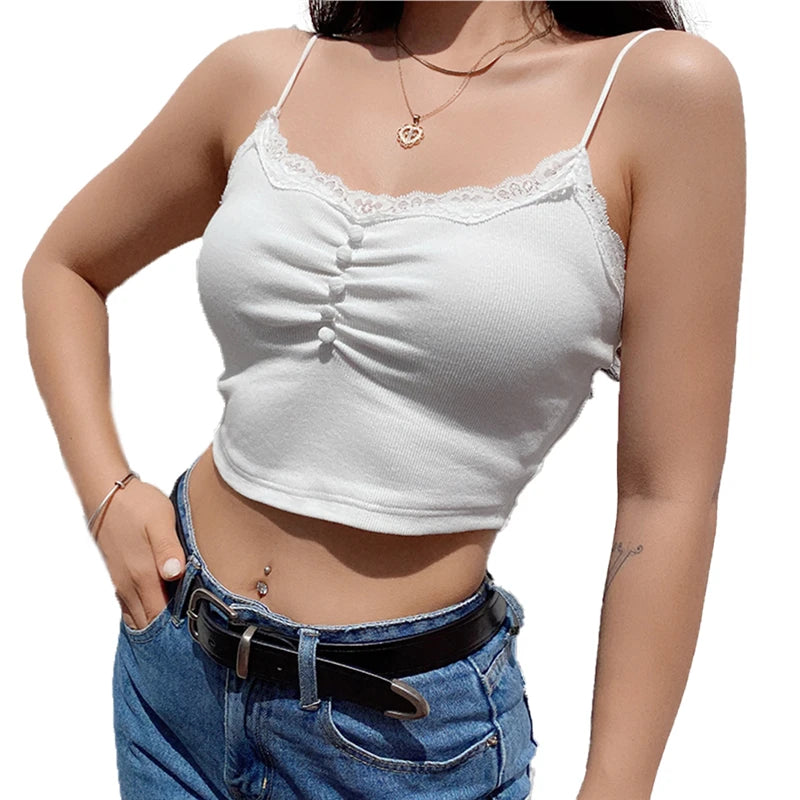 Hnewly White Lace Patchwork Tank Top Summer Women Home y2k Fashion Leisure Outfit Basic Casual Crop Tops Lolita Kawaii Clothes