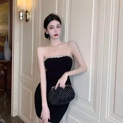 Hnewly Off Shoulder Diamond Strapless Dress for Women Sexy Slim Waist Black Bodycon Dresses Summer New Vestidos De Mujer