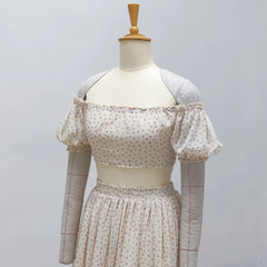 Hnewly  Maternity Dress For Baby Showers Printed Chiffon Off Shoulder Puff Sleeve Two-Piece Adjustable Uniform Size Pregnant Women Dress
