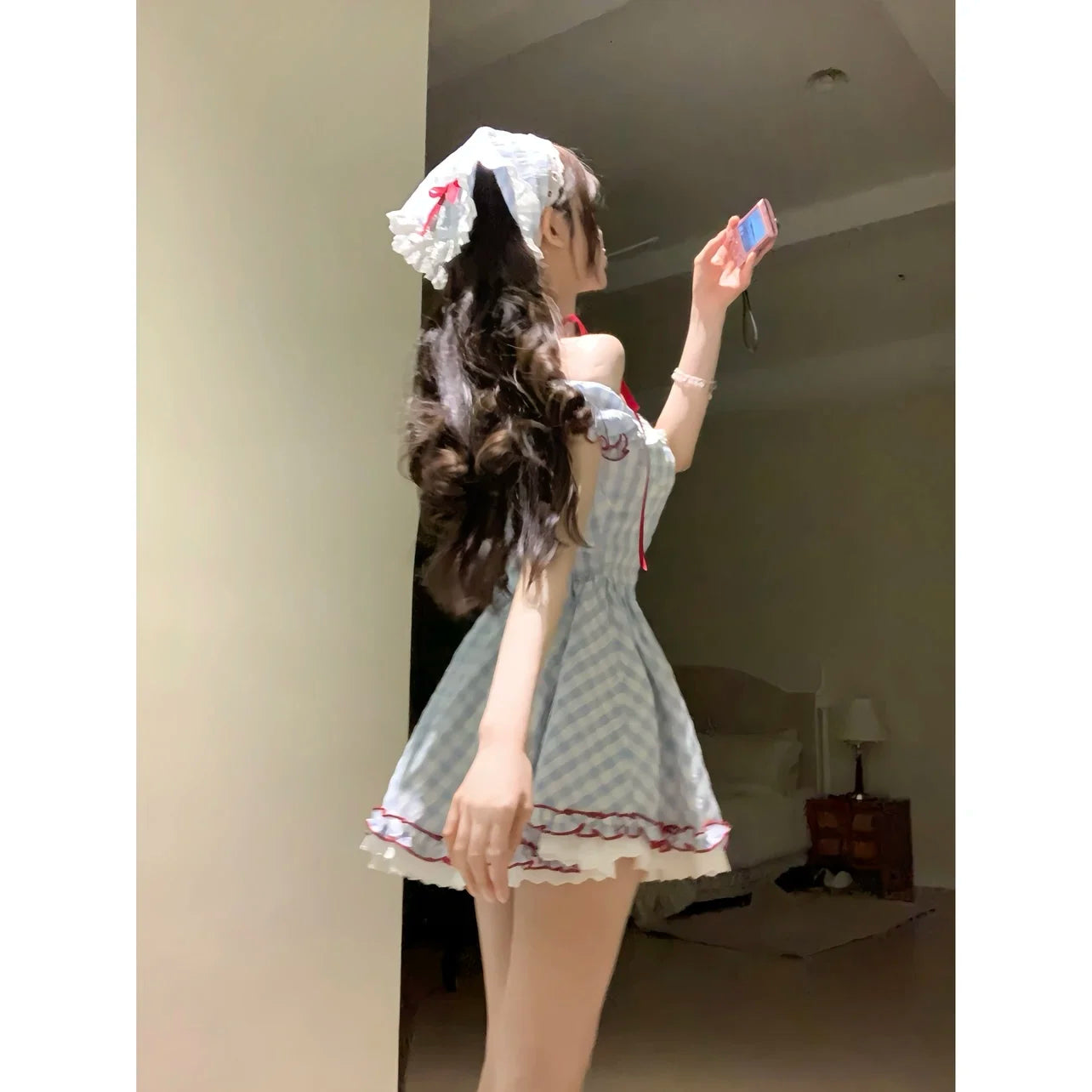 Hnewly Japanese Kawaii Sweet Short Party Dress Women Sleeve Y2k Vintage Plaid Mini Dress Female Elegant Chic Lolita Clothing Outfits