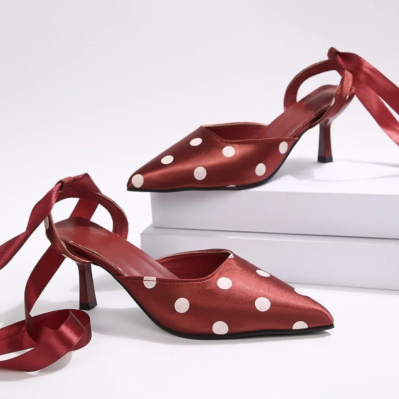 Hnewly  Polka Dot Satin Ankle Wrap Women Sandals Fashion Pointed Toe Singbacks Mules Shoes Elegant Wedding Party Ladies Dress Sandalias