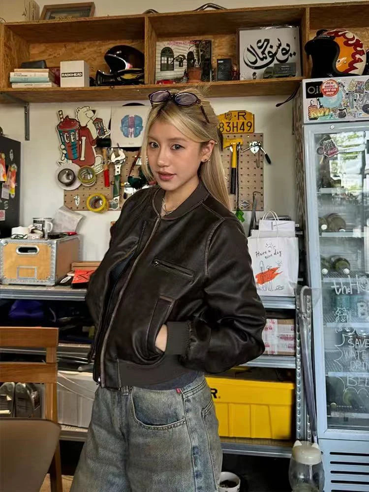 Hnewly Y2K American Pu Leather Women Jacket Y2K Brown Vintage Long Sleeve Stand Collar Crop Coats Hip Hop Streetwear Zipper Outerwear