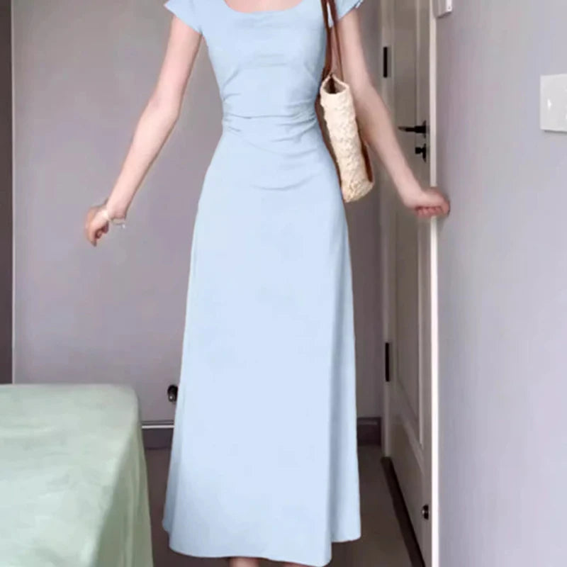 Hnewly  Sexy Ruched Blue Bodycone Dress for Women Korean Solid O-Neck Maxi Dresses Woman Y2K Summer Short Sleeve Long Vestidos Mujer