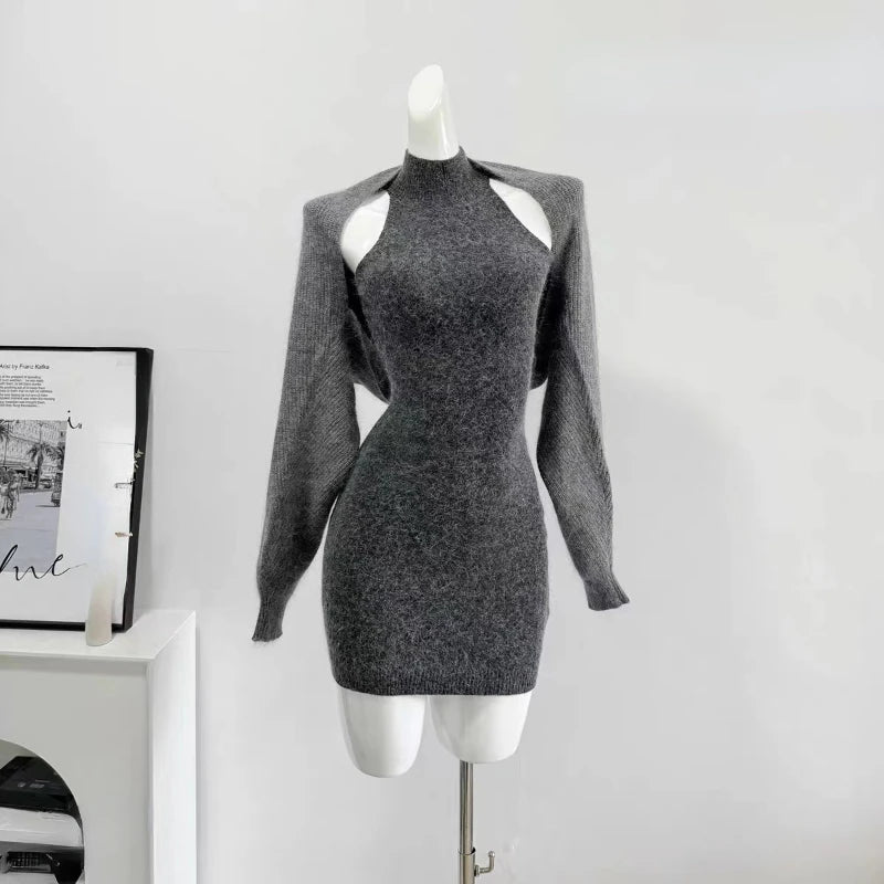 Hnewly spring fashion trend Autumn Elegant Knitted Suit Woman Korean Fashion 2 Piece Set Sexy Sleeveless Slim Mini Dress + Casual Short Cardigan Chic